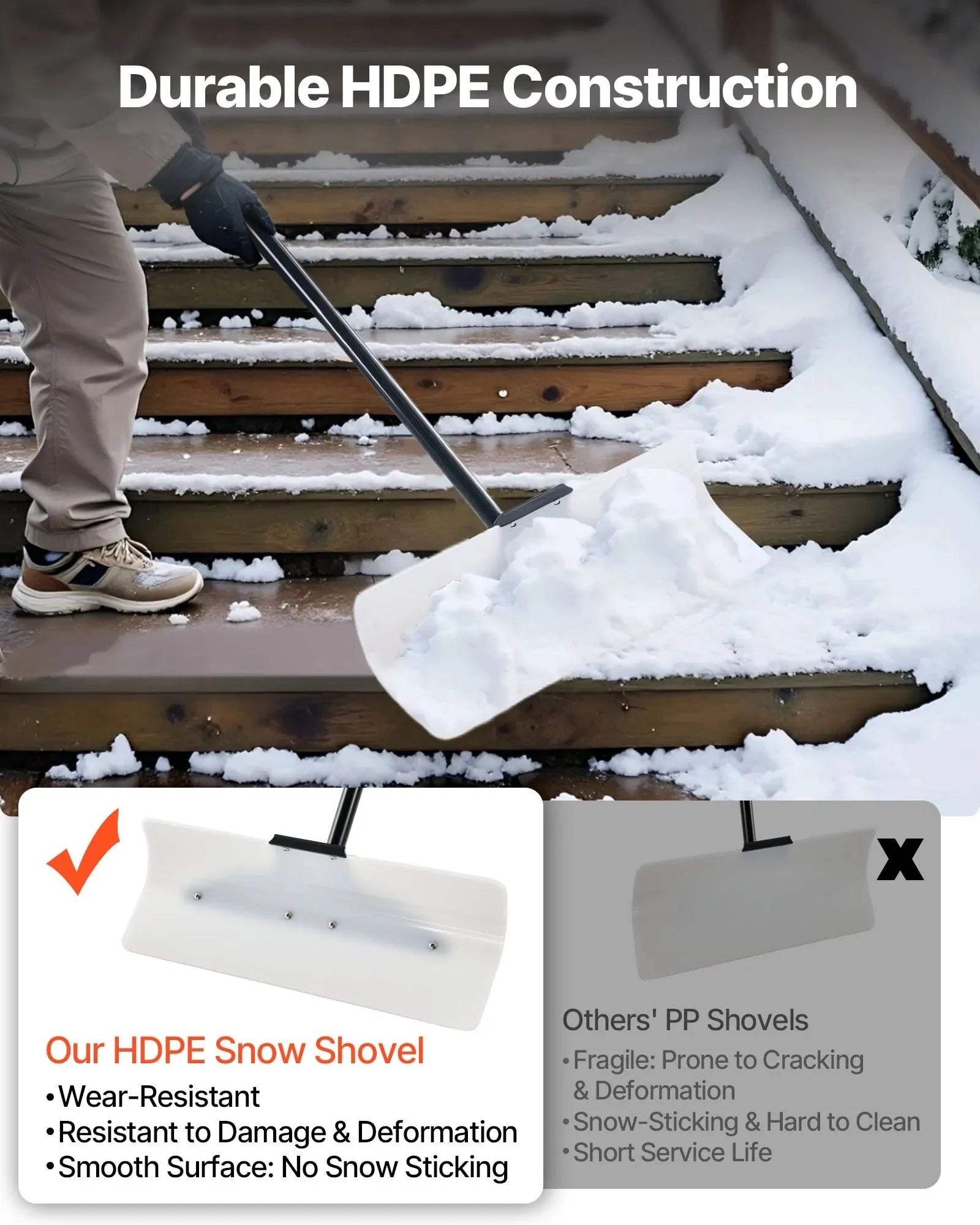 VEVOR Snow Pusher Shovel, 24 in Wide Outdoor Snowplow Shovel with Ergonomic Grip, HDPE Plastic Blade, Winter Shovels with Segmented Handle, Portable Snow Removal Tool for Driveway Garden Camping