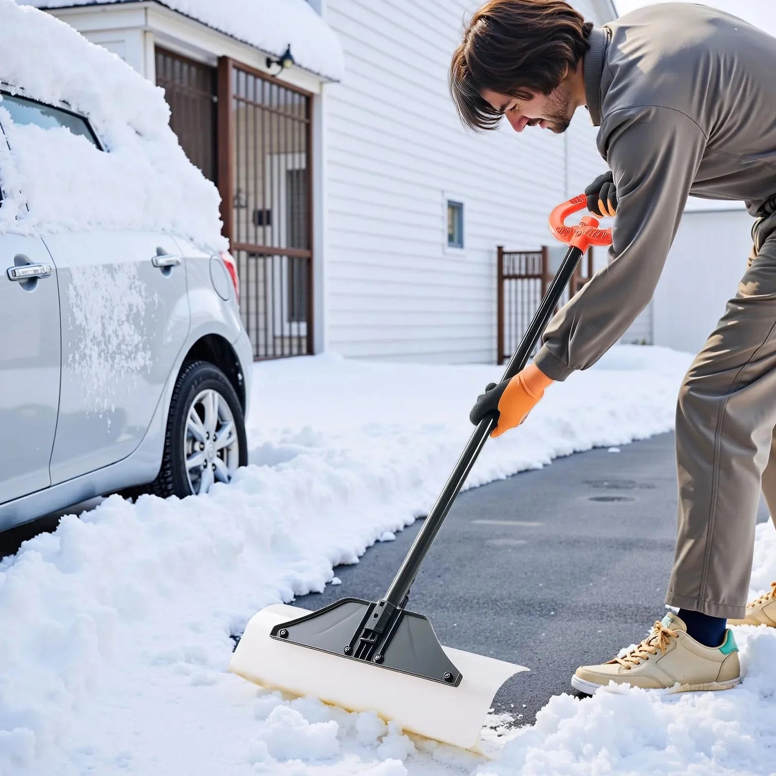 VEVOR Snow Pusher Shovel, 24 in Wide Outdoor Snowplow Shovel with Ergonomic Grip, HDPE Plastic Blade, Winter Shovels with Segmented Handle, Portable Snow Removal Tool for Driveway Garden Camping