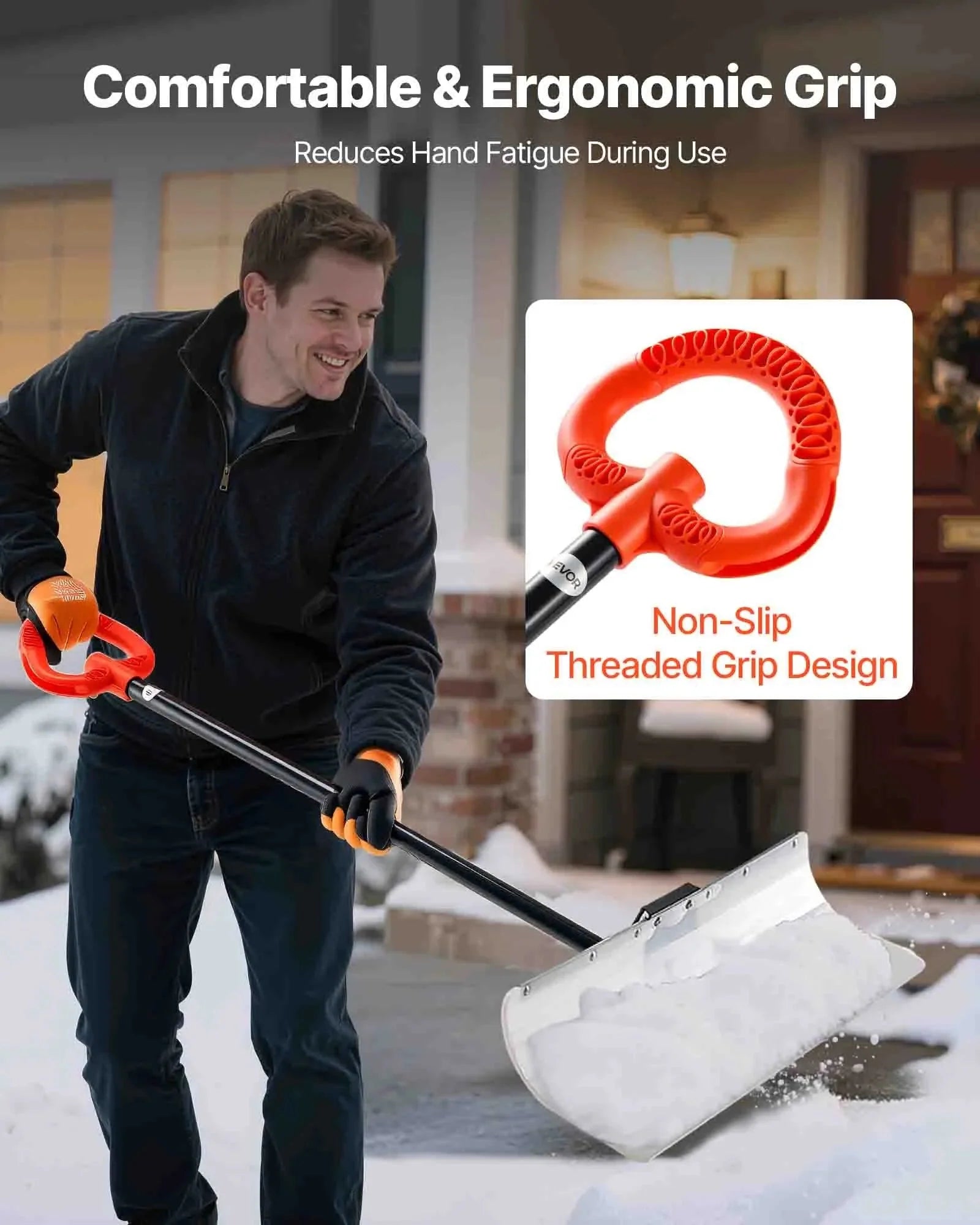 VEVOR Snow Pusher Shovel, 30 in Outdoor Snowplow Shovel with Ergonomic Grip, HDPE Plastic Blade, Winter Shovels with Segmented Handle, Metal Edged Strip, Portable Snow Removal Tool for Driveway Garden