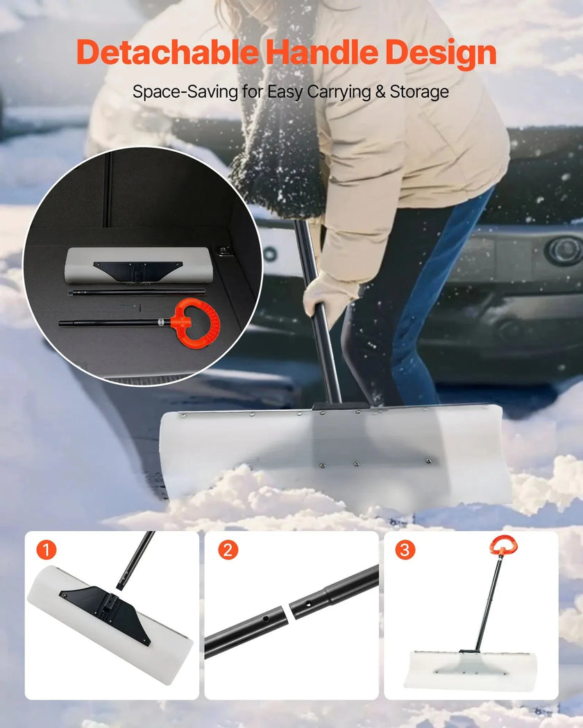 VEVOR Snow Pusher Shovel, 30 in Outdoor Snowplow Shovel with Ergonomic Grip, HDPE Plastic Blade, Winter Shovels with Segmented Handle, Metal Edged Strip, Portable Snow Removal Tool for Driveway Garden