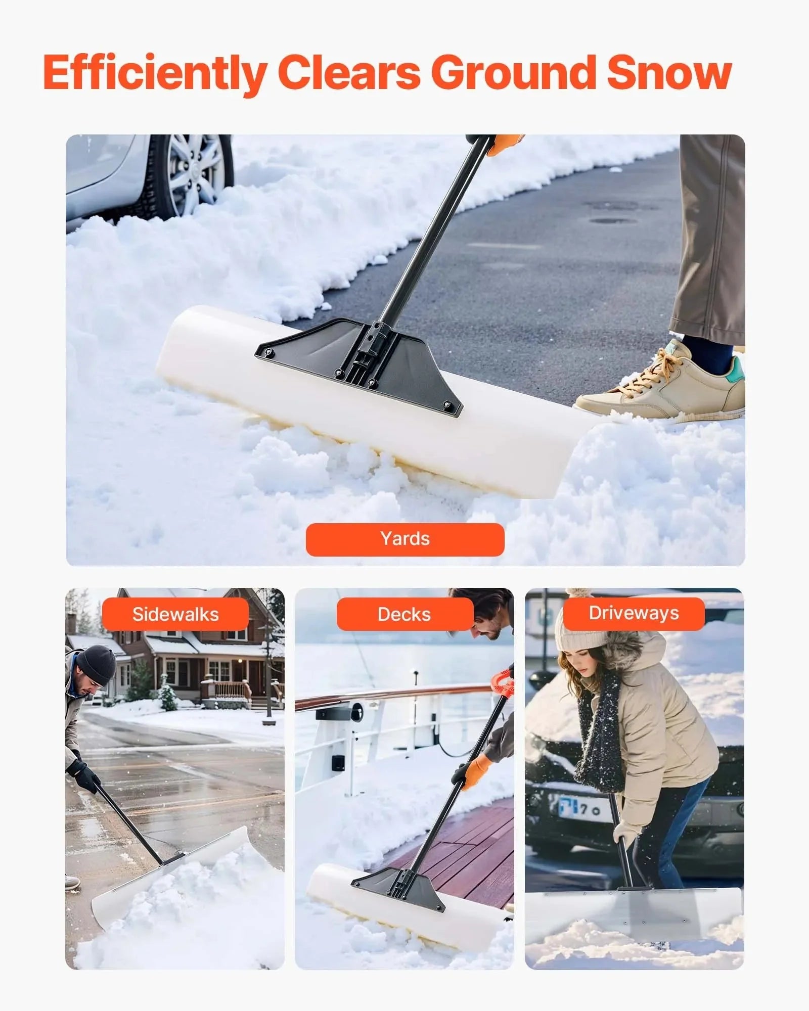 VEVOR Snow Pusher Shovel, 36 in Outdoor Snowplow Shovel with Ergonomic Grip, HDPE Plastic Blade, Winter Shovels with Segmented Handle, Metal Edged Strip, Portable Snow Removal Tool for Driveway Garden