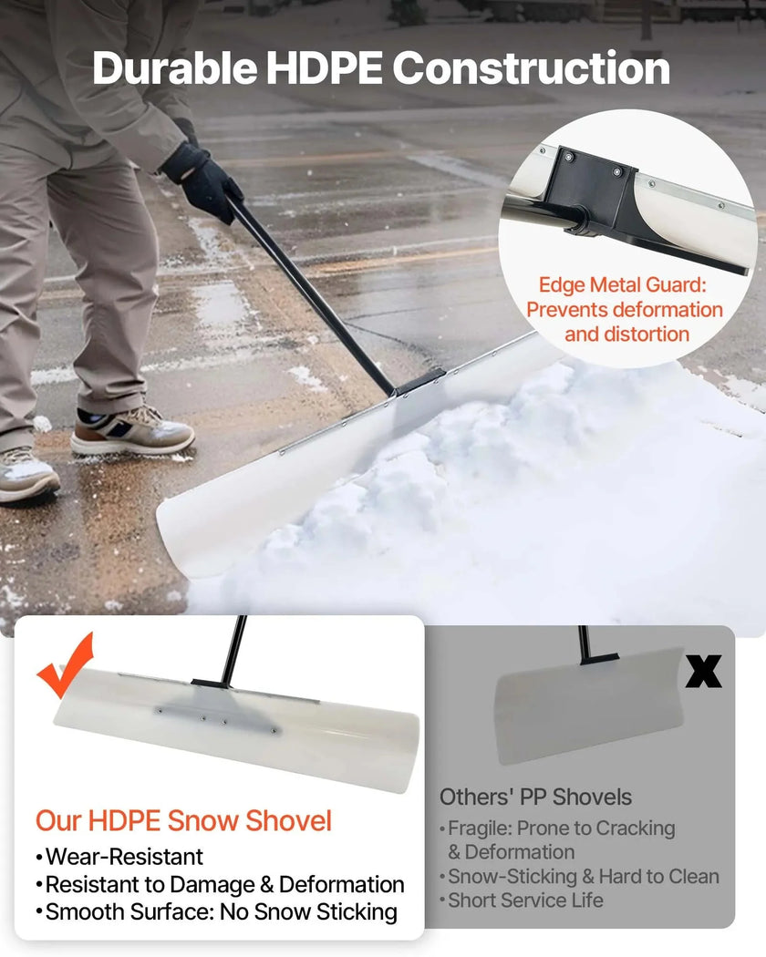VEVOR Snow Pusher Shovel, 48 in Outdoor Snowplow Shovel with Ergonomic Grip, HDPE Plastic Blade, Winter Shovels with Segmented Handle, Metal Edged Strip, Portable Snow Removal Tool for Driveway Garden