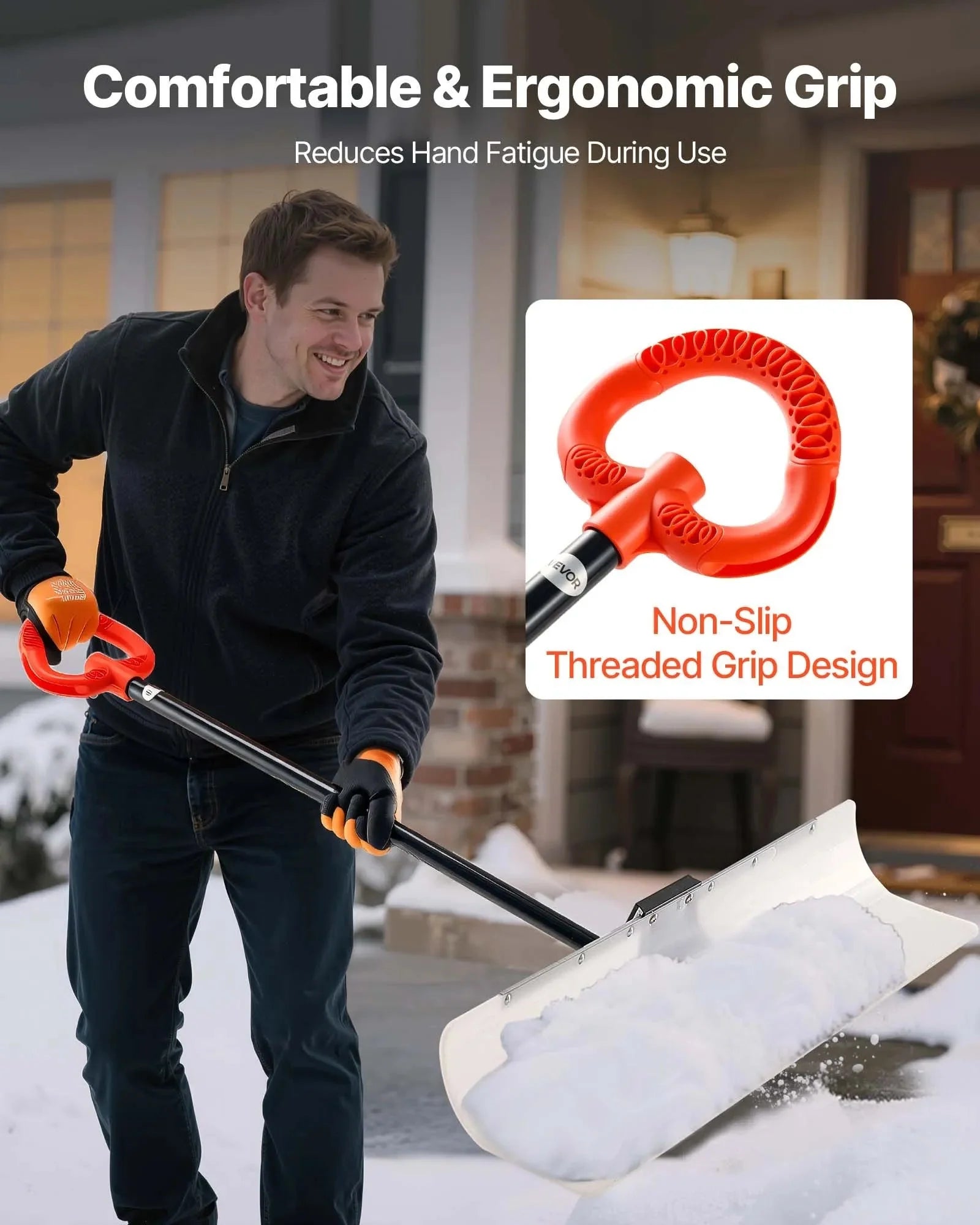 VEVOR Snow Pusher Shovel, 48 in Outdoor Snowplow Shovel with Ergonomic Grip, HDPE Plastic Blade, Winter Shovels with Segmented Handle, Metal Edged Strip, Portable Snow Removal Tool for Driveway Garden