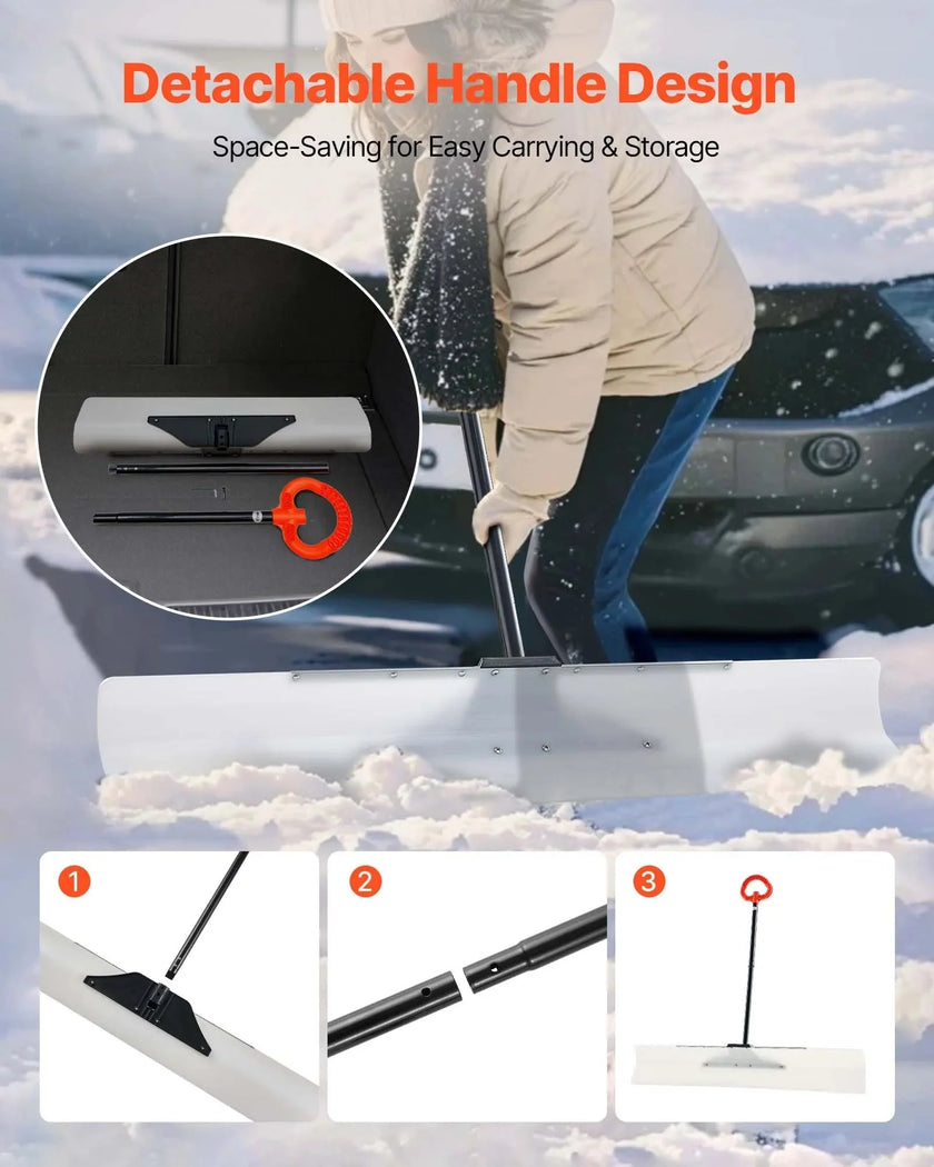VEVOR Snow Pusher Shovel, 48 in Outdoor Snowplow Shovel with Ergonomic Grip, HDPE Plastic Blade, Winter Shovels with Segmented Handle, Metal Edged Strip, Portable Snow Removal Tool for Driveway Garden