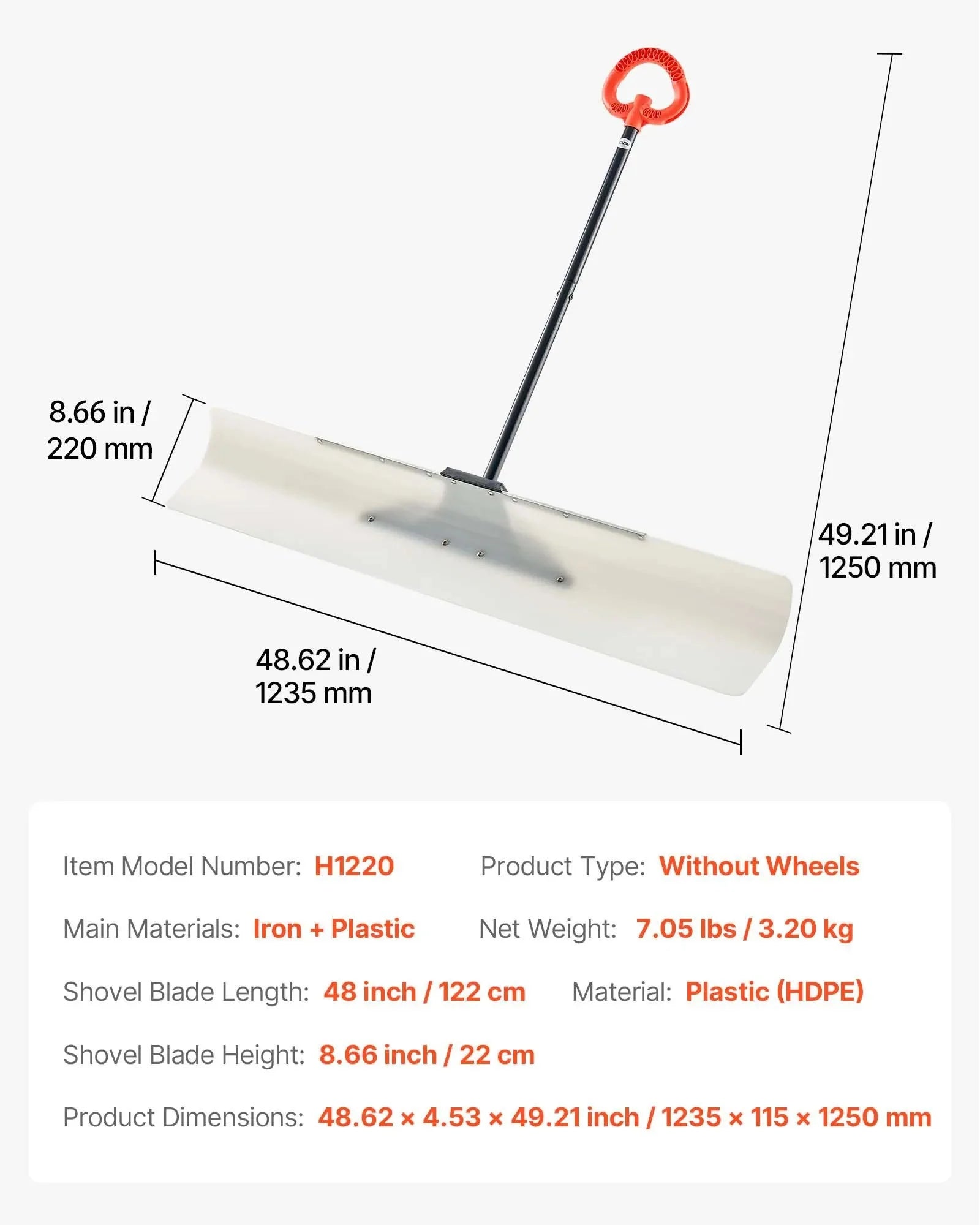 VEVOR Snow Pusher Shovel, 48 in Outdoor Snowplow Shovel with Ergonomic Grip, HDPE Plastic Blade, Winter Shovels with Segmented Handle, Metal Edged Strip, Portable Snow Removal Tool for Driveway Garden