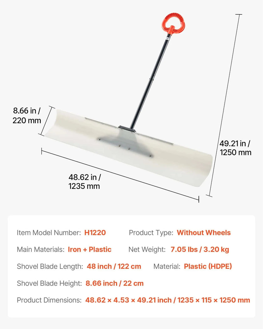 VEVOR Snow Pusher Shovel, 48 in Outdoor Snowplow Shovel with Ergonomic Grip, HDPE Plastic Blade, Winter Shovels with Segmented Handle, Metal Edged Strip, Portable Snow Removal Tool for Driveway Garden