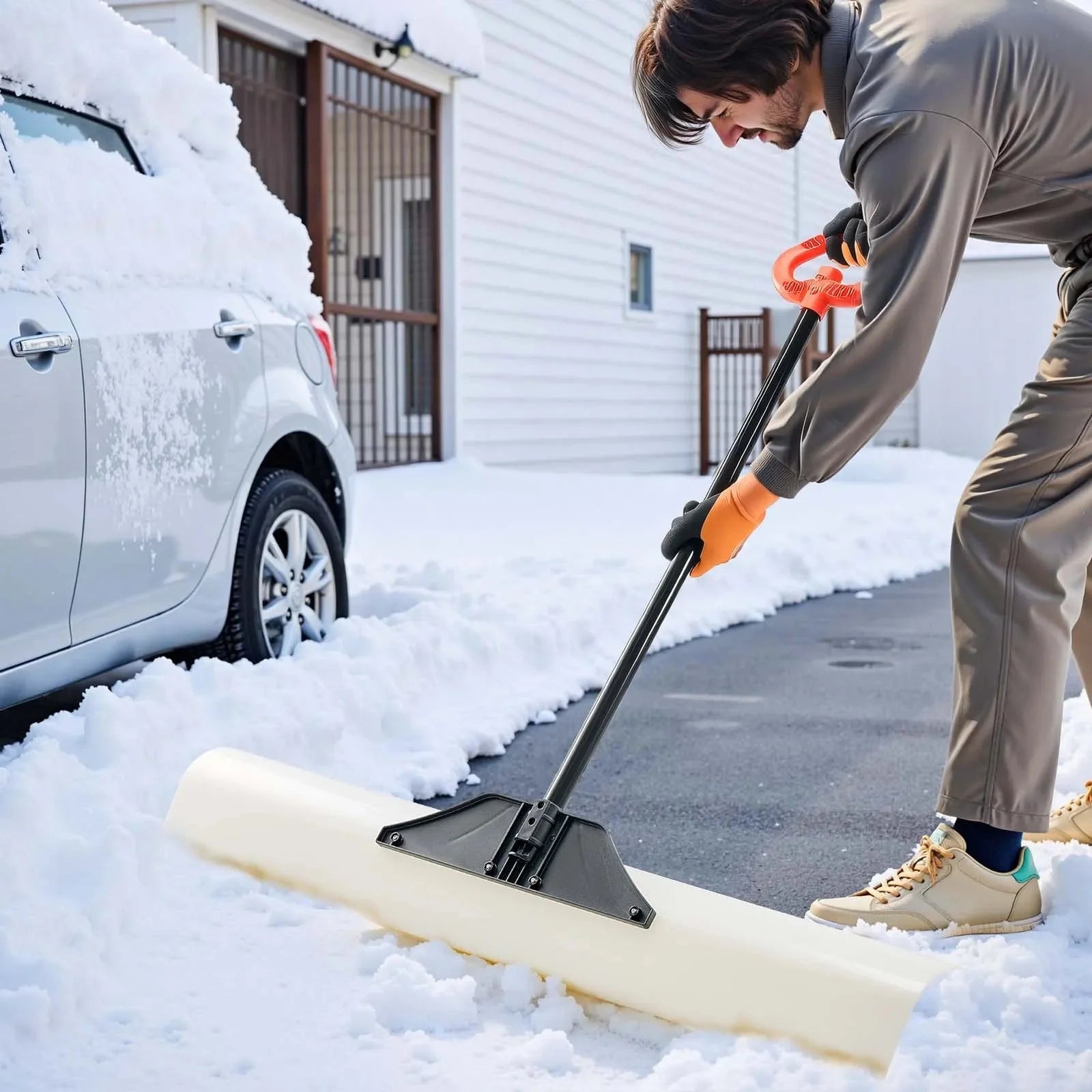 VEVOR Snow Pusher Shovel, 48 in Outdoor Snowplow Shovel with Ergonomic Grip, HDPE Plastic Blade, Winter Shovels with Segmented Handle, Metal Edged Strip, Portable Snow Removal Tool for Driveway Garden