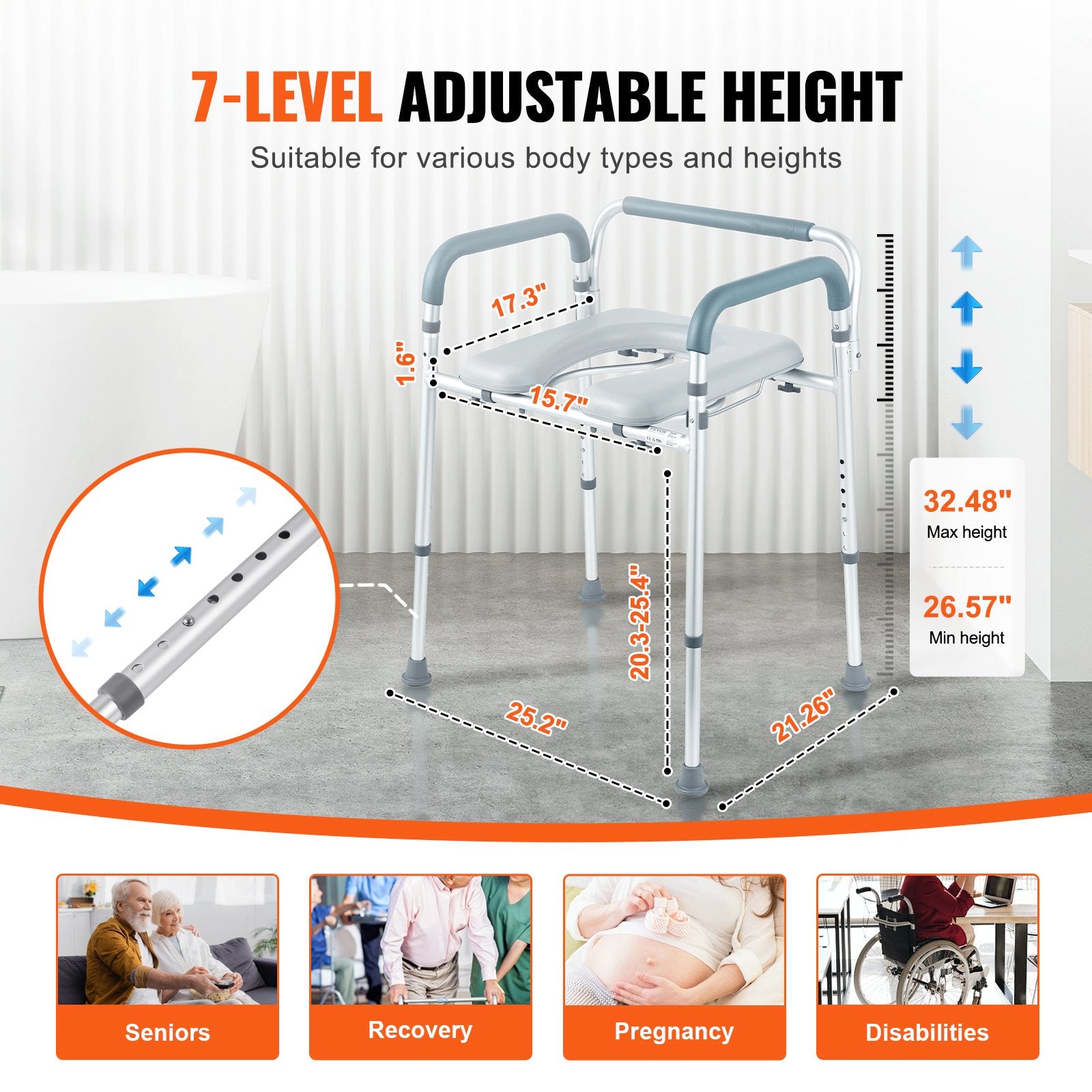 VEVOR Commode Chair, Bedside Commode with Padded Seat and Arms, 7-Level Adjustable Height, 5.8L Removable Bucket, Easy to Assemble, 350 LBS Capacity, Raised Toilet Seat for Adults Seniors