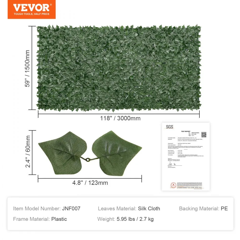 VEVOR Ivy Privacy Fence, 59 x 118in Artificial Green Wall Screen, Greenery Ivy Fence with Mesh Cloth Backing and Strengthened Joint, Faux Hedges Vine Leaf Decoration for Outdoor Garden, Yard, Balcony