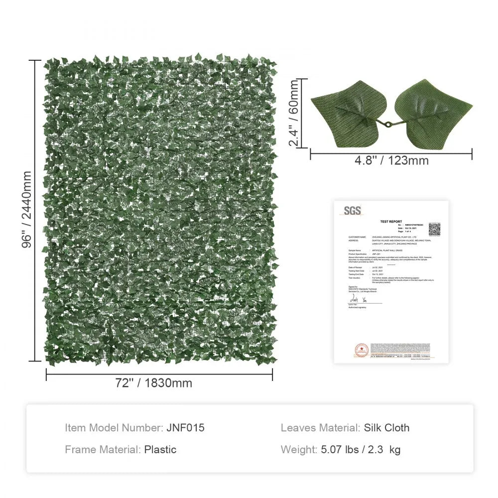 VEVOR Ivy Privacy Fence, 96 x 72 in Artificial Green Wall Screen, Greenery Ivy Fence with Strengthened Joint, Faux Hedges Vine Leaf Decoration for Outdoor Garden, Yard, Balcony, Patio Decor