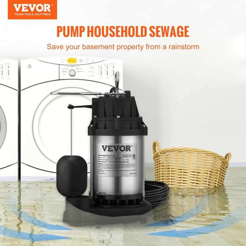 VEVOR Sump Pump, 1/2 HP 3960 GPH, Submersible Cast Iron Stainless Steel Water Pump, 1-1/2