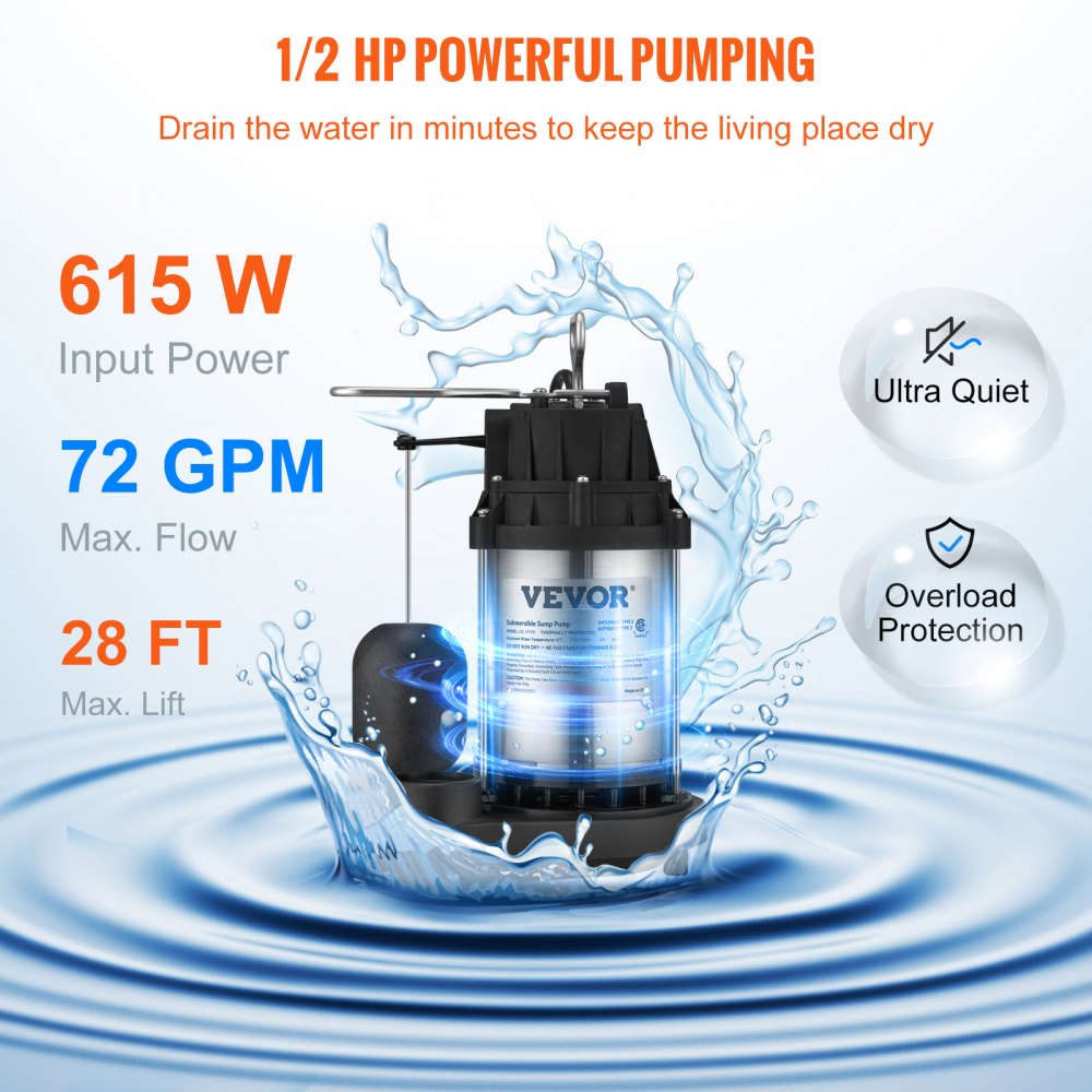 VEVOR Sump Pump, 1/2 HP 3960 GPH, Submersible Cast Iron Stainless Steel Water Pump, 1-1/2