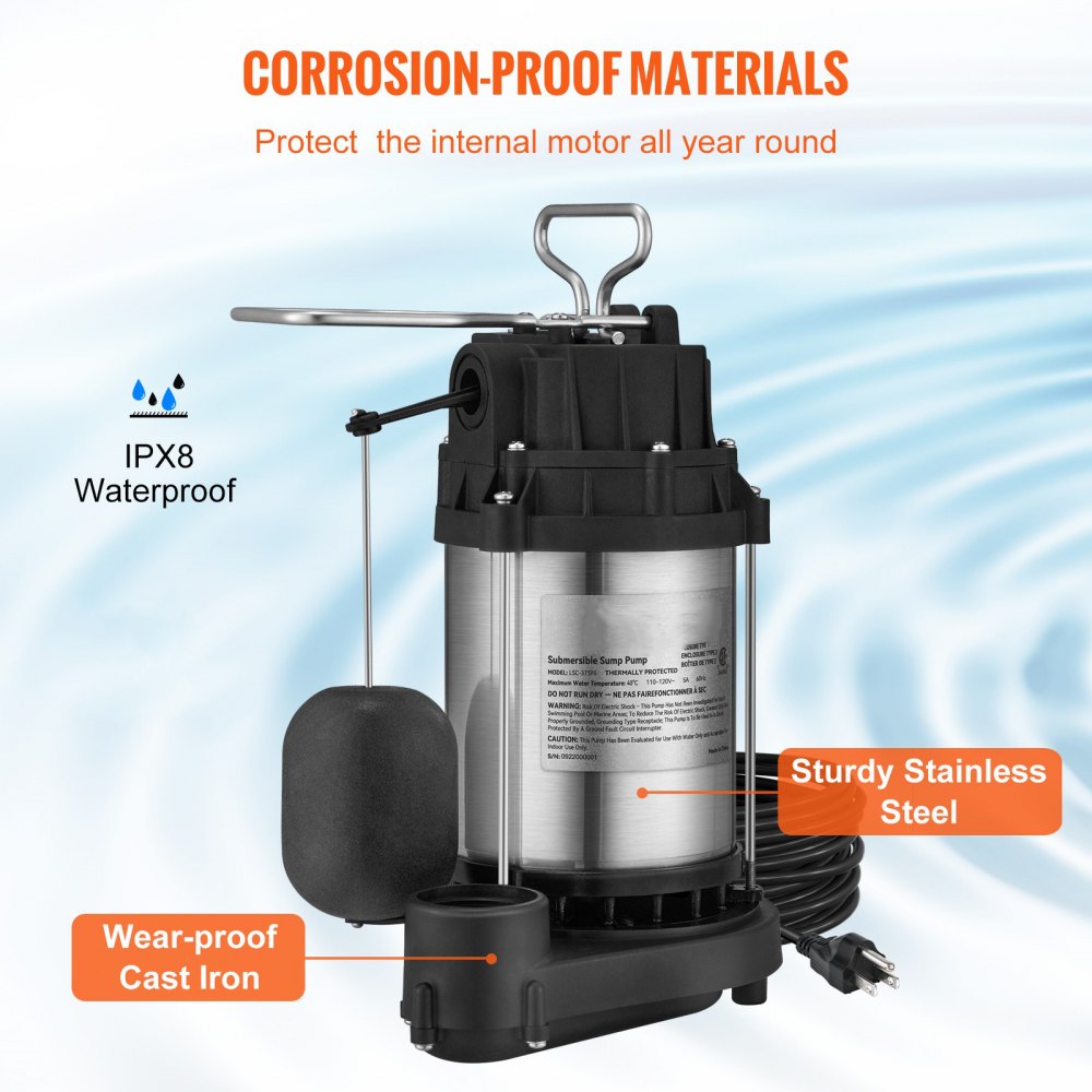 VEVOR Sump Pump, 1/2 HP 3960 GPH, Submersible Cast Iron Stainless Steel Water Pump, 1-1/2