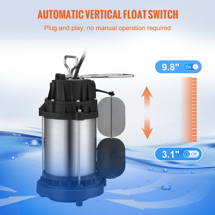 VEVOR Sump Pump, 1/2 HP 3960 GPH, Submersible Cast Iron Stainless Steel Water Pump, 1-1/2