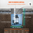 VEVOR Sump Pump, 1/2 HP 3960 GPH, Submersible Cast Iron Stainless Steel Water Pump, 1-1/2