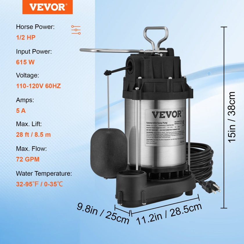 VEVOR Sump Pump, 1/2 HP 3960 GPH, Submersible Cast Iron Stainless Steel Water Pump, 1-1/2