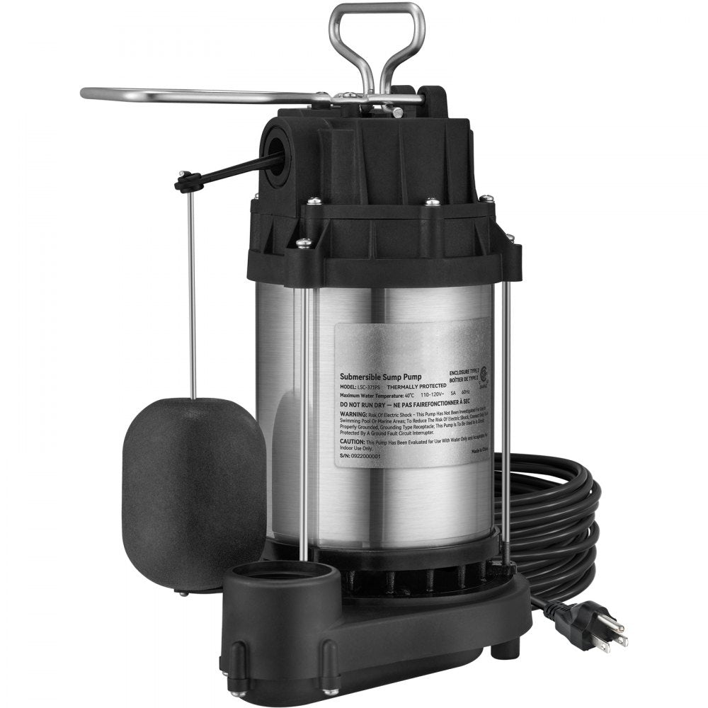 VEVOR Sump Pump, 1/2 HP 3960 GPH, Submersible Cast Iron Stainless Steel Water Pump, 1-1/2