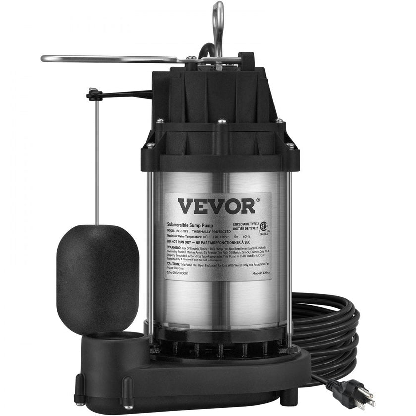 VEVOR Sump Pump, 1/2 HP 3960 GPH, Submersible Cast Iron Stainless Steel Water Pump, 1-1/2