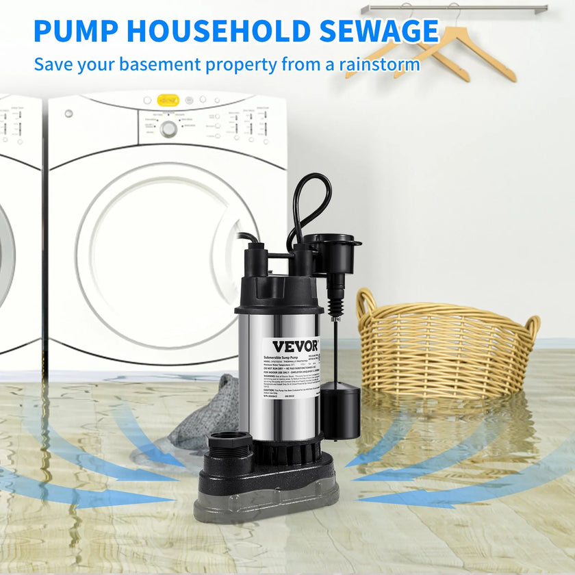 VEVOR Sump Pump, 1.5 HP 6000 GPH, Submersible Cast Iron and Stainless Steel Water Pump, 1-1/2