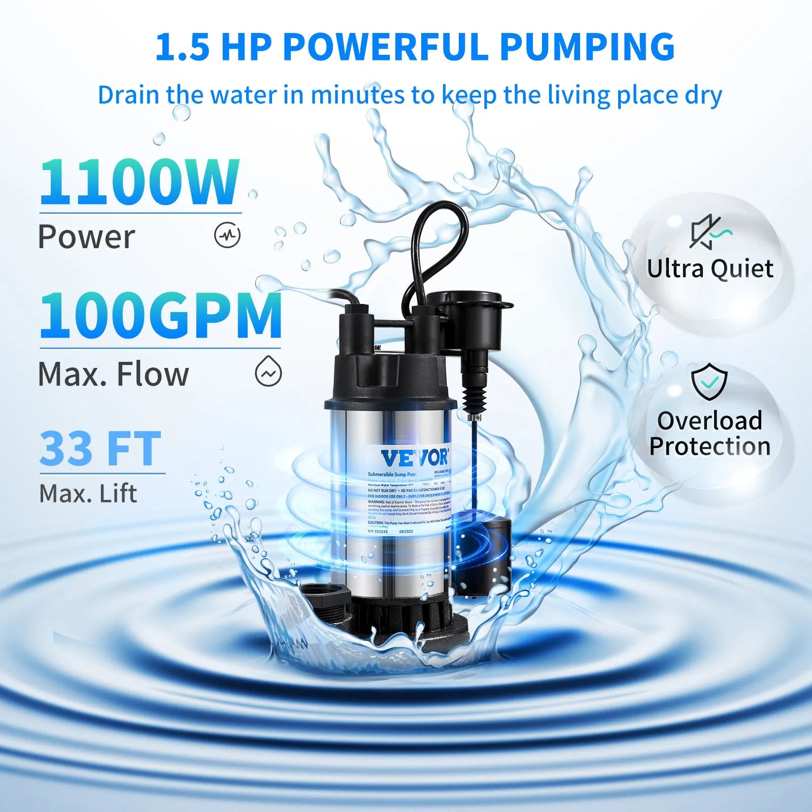 VEVOR Sump Pump, 1.5 HP 6000 GPH, Submersible Cast Iron and Stainless Steel Water Pump, 1-1/2