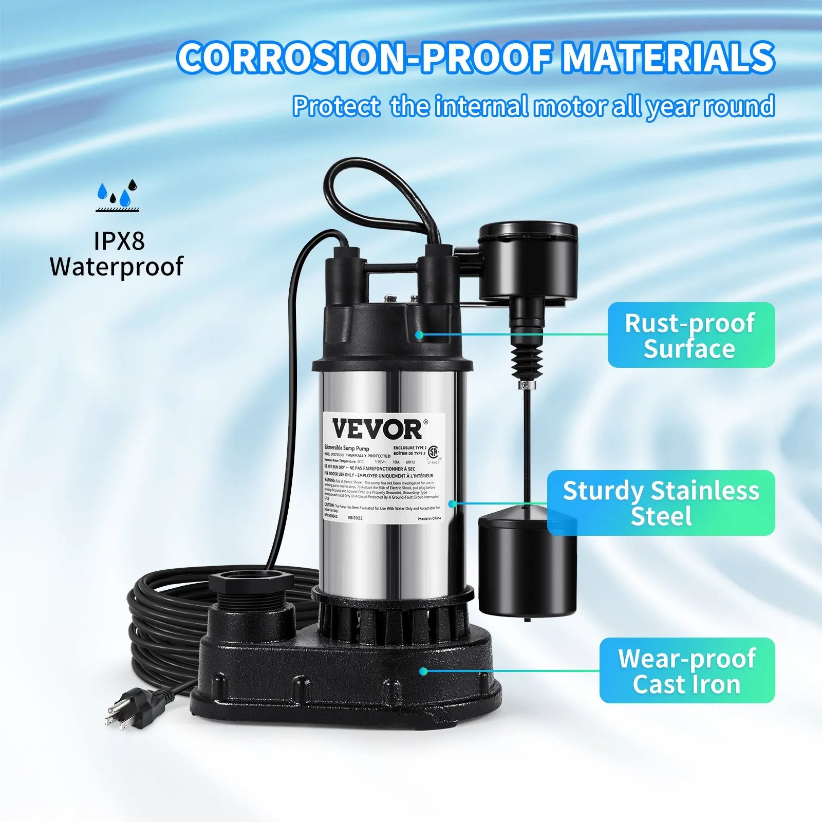 VEVOR Sump Pump, 1.5 HP 6000 GPH, Submersible Cast Iron and Stainless Steel Water Pump, 1-1/2