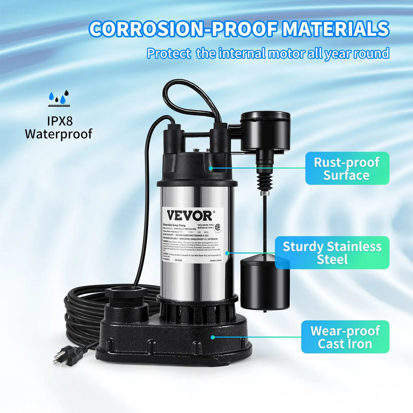 VEVOR Sump Pump, 1.5 HP 6000 GPH, Submersible Cast Iron and Stainless Steel Water Pump, 1-1/2