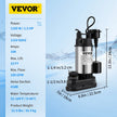 VEVOR Sump Pump, 1.5 HP 6000 GPH, Submersible Cast Iron and Stainless Steel Water Pump, 1-1/2