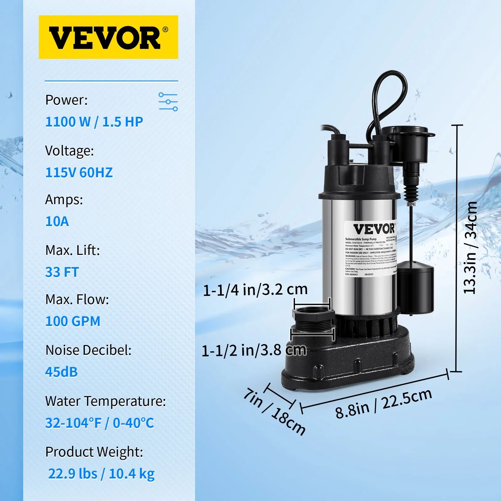VEVOR Sump Pump, 1.5 HP 6000 GPH, Submersible Cast Iron and Stainless Steel Water Pump, 1-1/2
