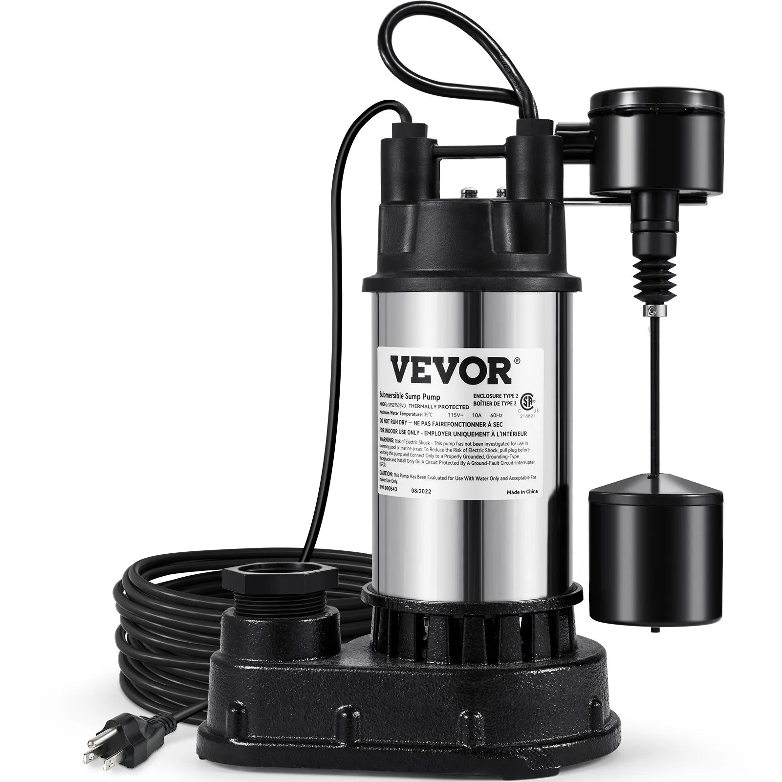 VEVOR Sump Pump, 1.5 HP 6000 GPH, Submersible Cast Iron and Stainless Steel Water Pump, 1-1/2
