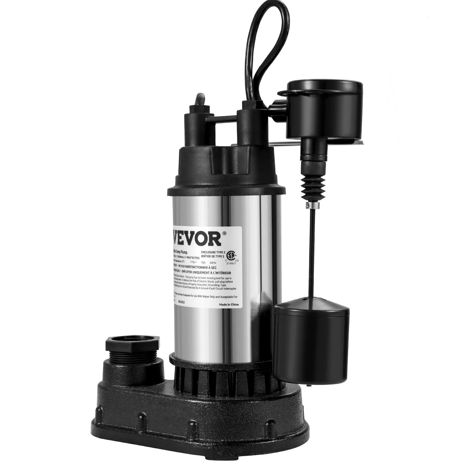 VEVOR Sump Pump, 1.5 HP 6000 GPH, Submersible Cast Iron and Stainless Steel Water Pump, 1-1/2