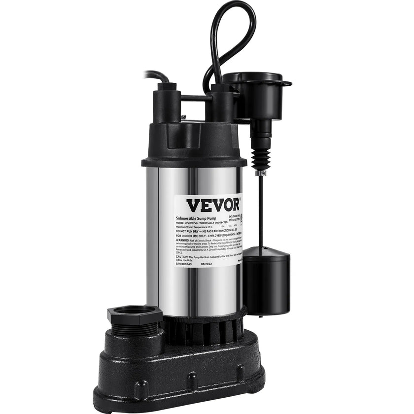 VEVOR Sump Pump, 1.5 HP 6000 GPH, Submersible Cast Iron and Stainless Steel Water Pump, 1-1/2