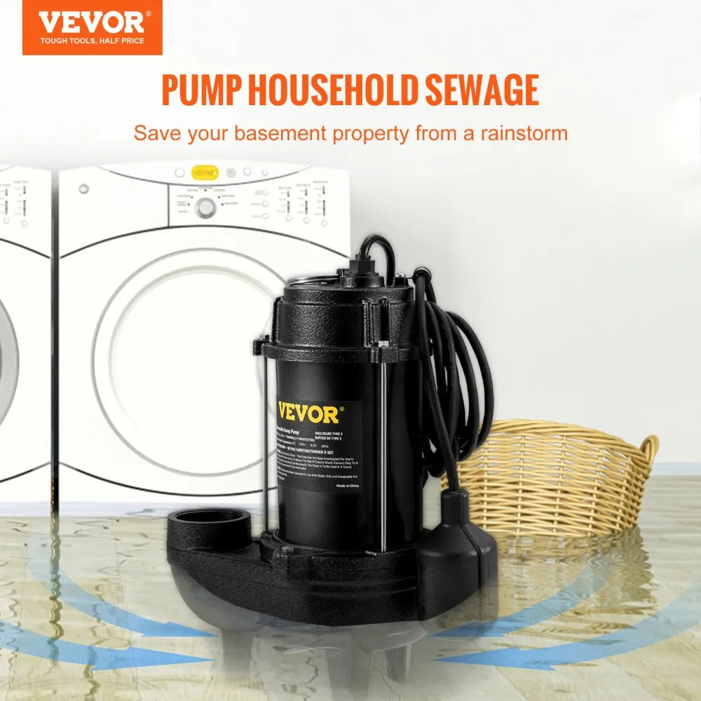 VEVOR Sewage Pump, 3/4 HP 5880 GPH 1050W, Submersible Cast Iron Ejector, with 2