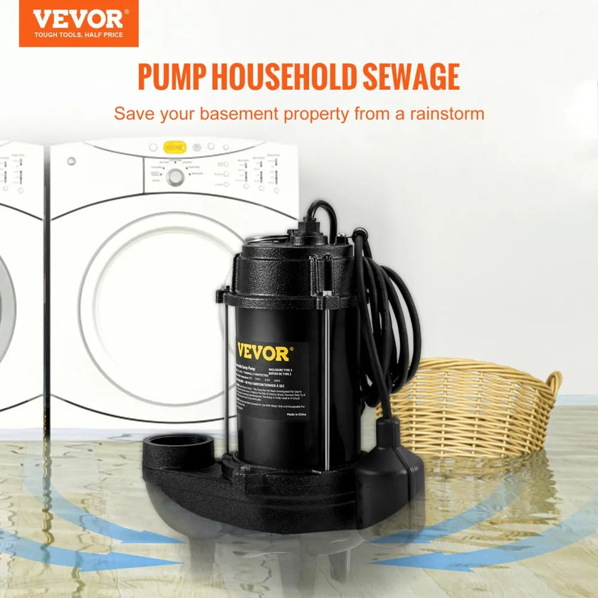 VEVOR Sewage Pump, 3/4 HP 5880 GPH 1050W, Submersible Cast Iron Ejector, with 2