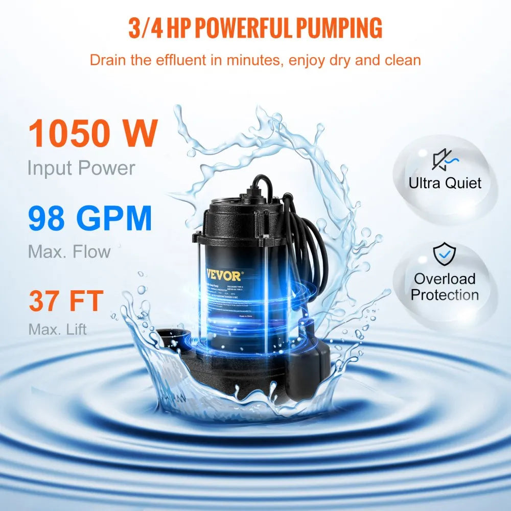 VEVOR Sewage Pump, 3/4 HP 5880 GPH 1050W, Submersible Cast Iron Ejector, with 2