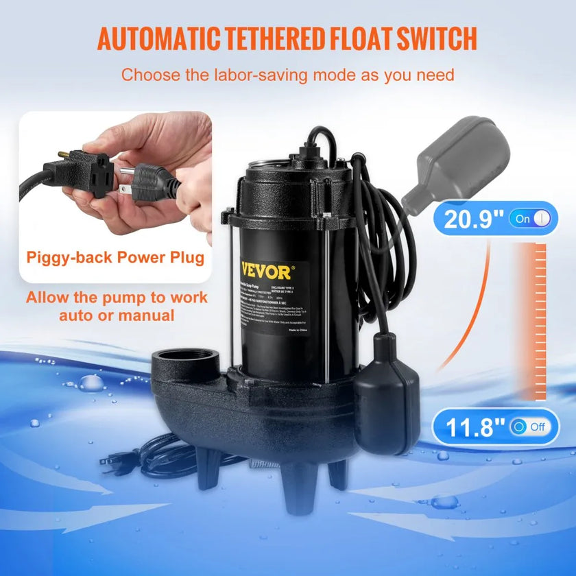 VEVOR Sewage Pump, 3/4 HP 5880 GPH 1050W, Submersible Cast Iron Ejector, with 2