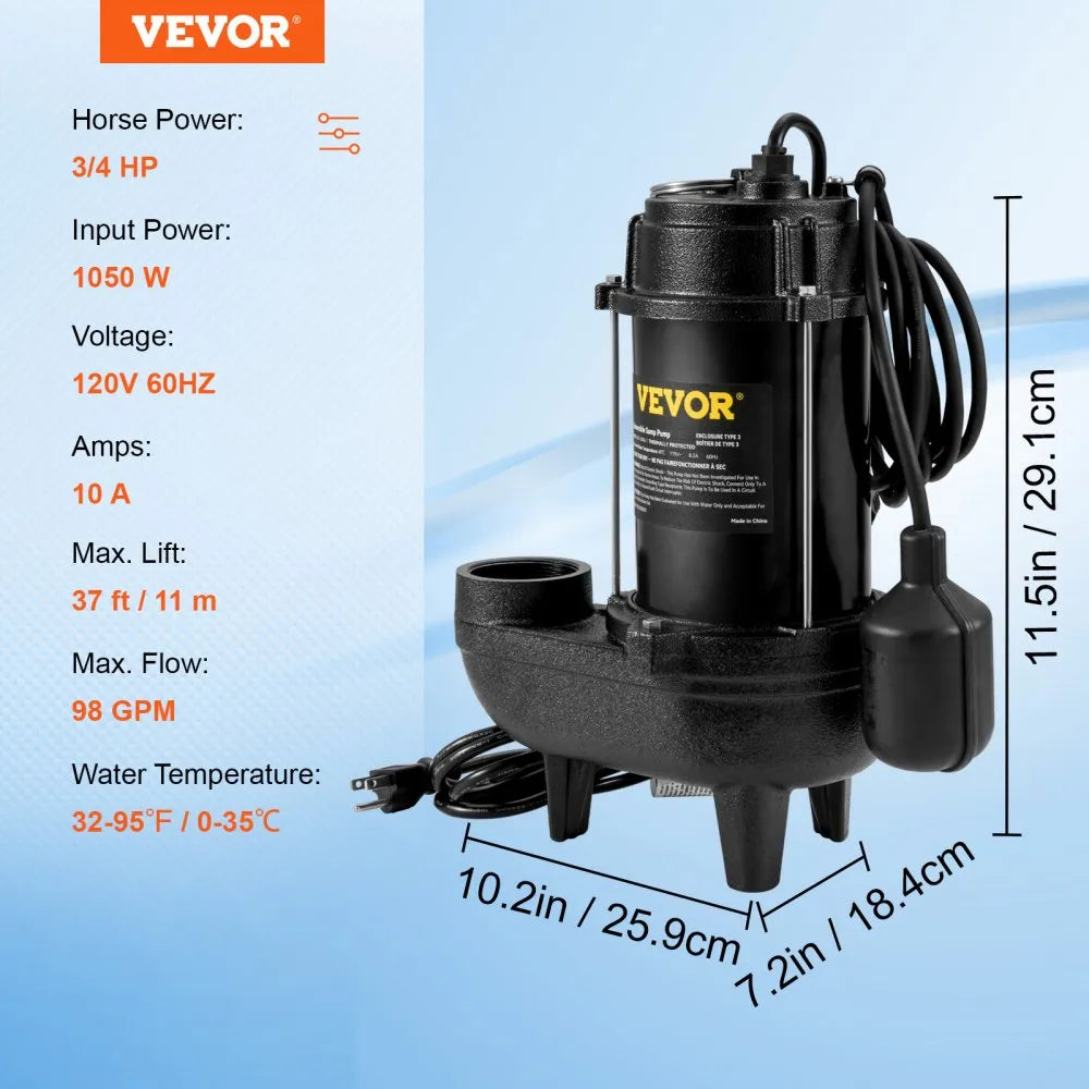 VEVOR Sewage Pump, 3/4 HP 5880 GPH 1050W, Submersible Cast Iron Ejector, with 2