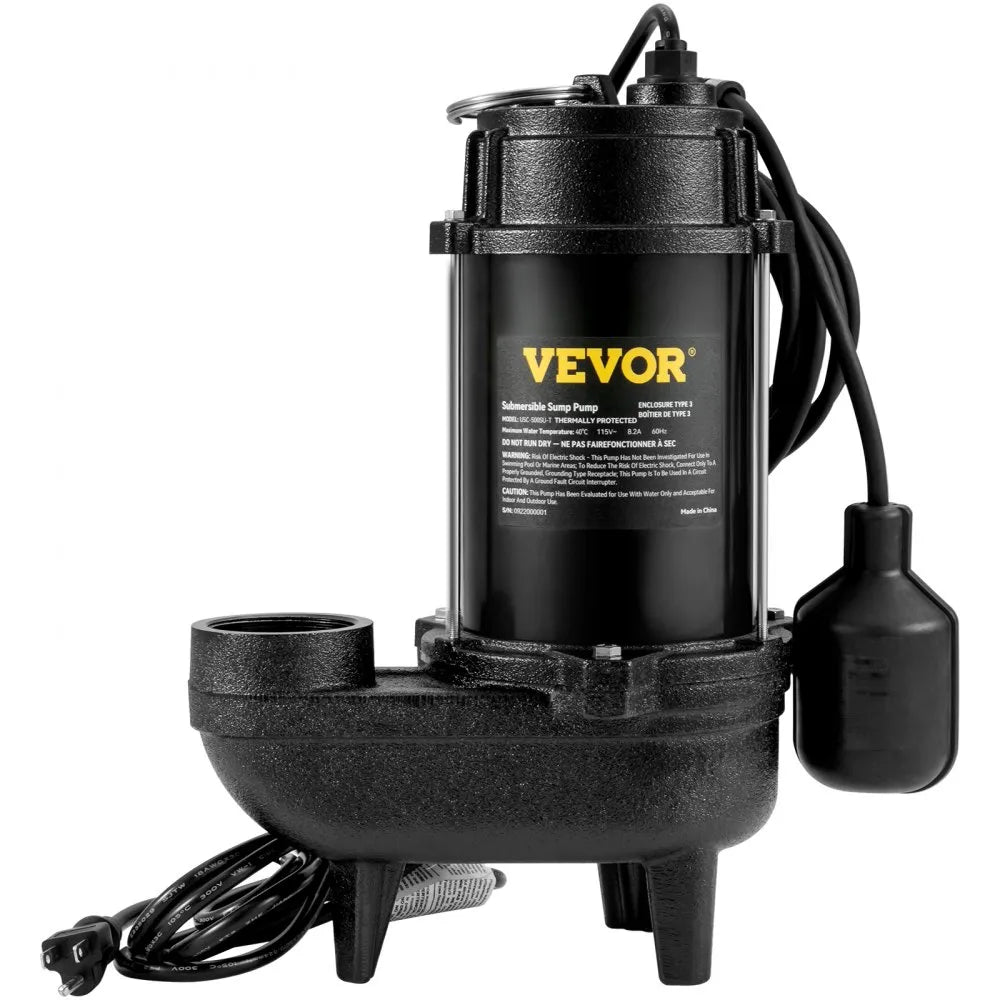 VEVOR Sewage Pump, 3/4 HP 5880 GPH 1050W, Submersible Cast Iron Ejector, with 2
