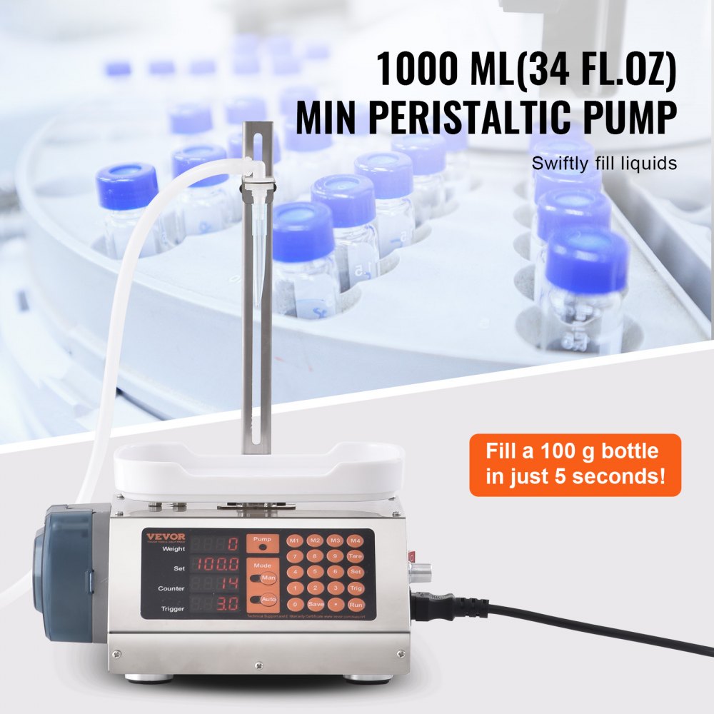 VEVOR Liquid Filling Machine, 5-300 g Weighing Capacity, Automatic Bottle Filler Machine, Bottling Machine Peristaltic Pump Digital Control for Milk, Water, Wine, Beverage, Soy Sauce (Single Nozzle)