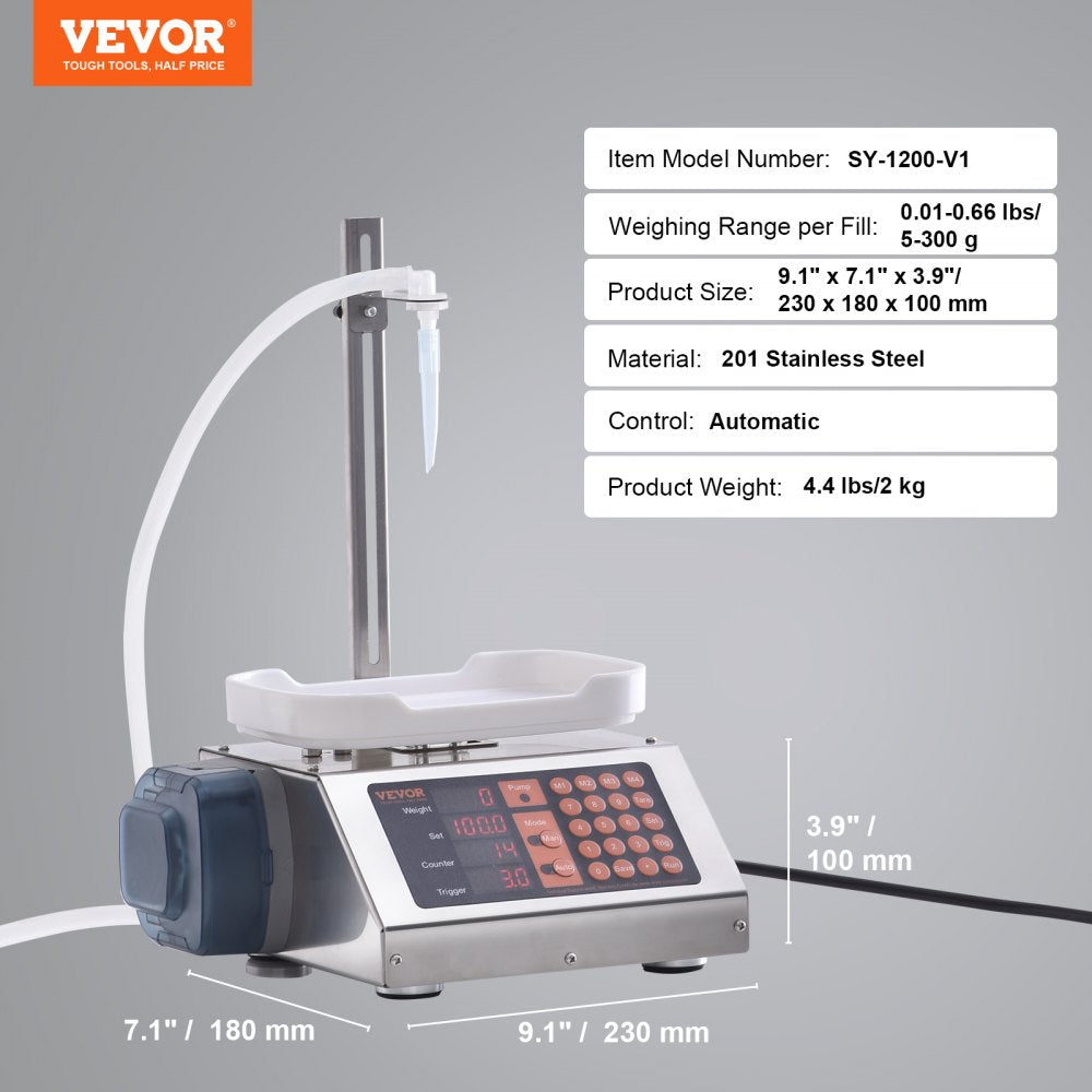 VEVOR Liquid Filling Machine, 5-300 g Weighing Capacity, Automatic Bottle Filler Machine, Bottling Machine Peristaltic Pump Digital Control for Milk, Water, Wine, Beverage, Soy Sauce (Single Nozzle)