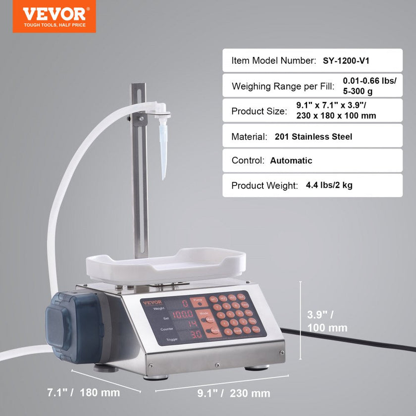 VEVOR Liquid Filling Machine, 5-300 g Weighing Capacity, Automatic Bottle Filler Machine, Bottling Machine Peristaltic Pump Digital Control for Milk, Water, Wine, Beverage, Soy Sauce (Single Nozzle)