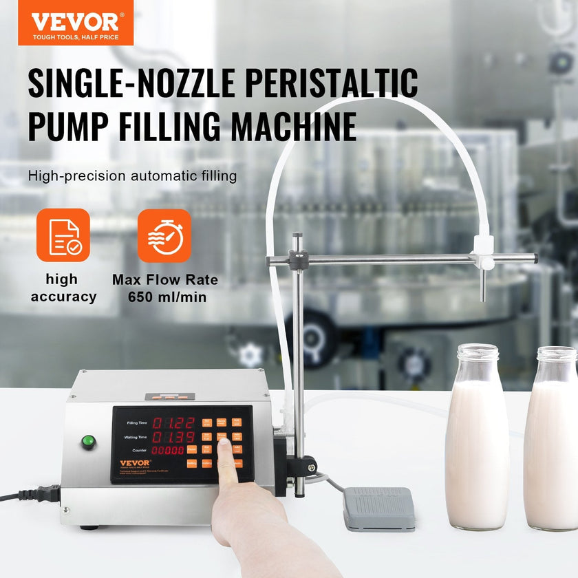 VEVOR Liquid Filling Machine, 5-650ml Filling Capacity, Automatic Bottle Filler Machine, Bottling Machine Peristaltic Pump Digital Control for Milk, Water, Wine, Beverage, Soy Sauce (Single Nozzle)