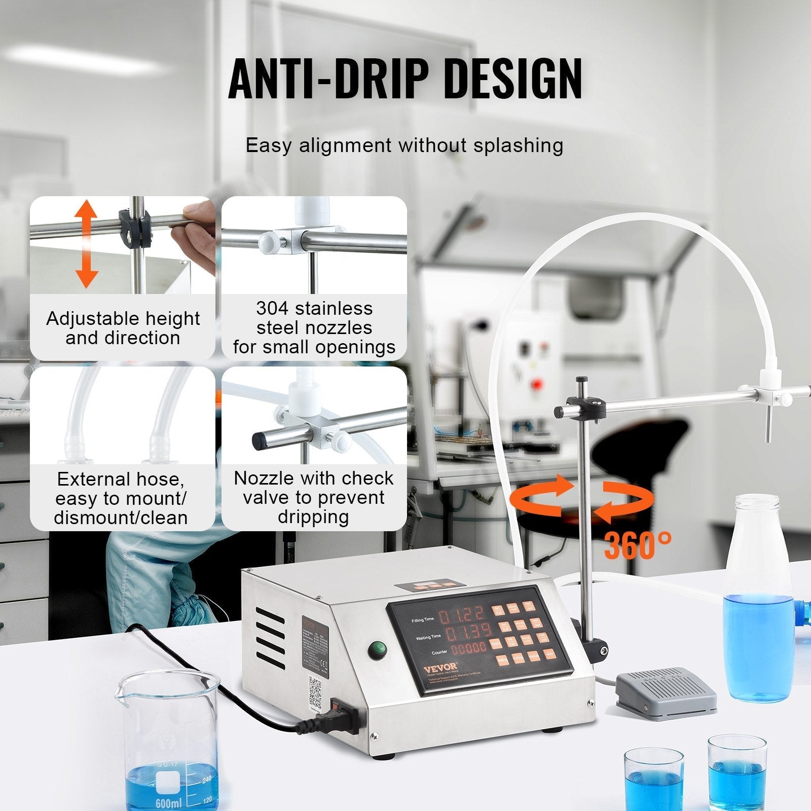 VEVOR Liquid Filling Machine, 5-650ml Filling Capacity, Automatic Bottle Filler Machine, Bottling Machine Peristaltic Pump Digital Control for Milk, Water, Wine, Beverage, Soy Sauce (Single Nozzle)