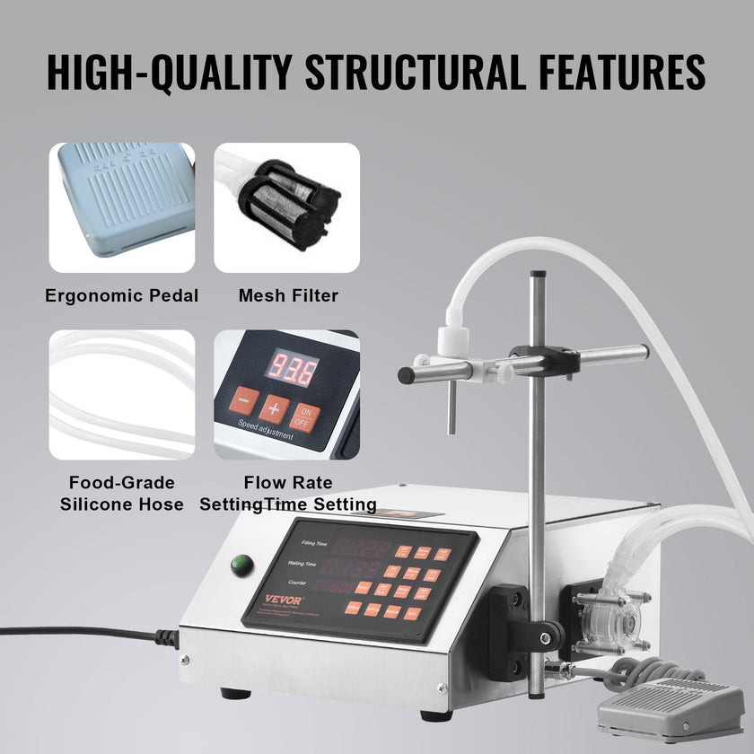 VEVOR Liquid Filling Machine, 5-650ml Filling Capacity, Automatic Bottle Filler Machine, Bottling Machine Peristaltic Pump Digital Control for Milk, Water, Wine, Beverage, Soy Sauce (Single Nozzle)