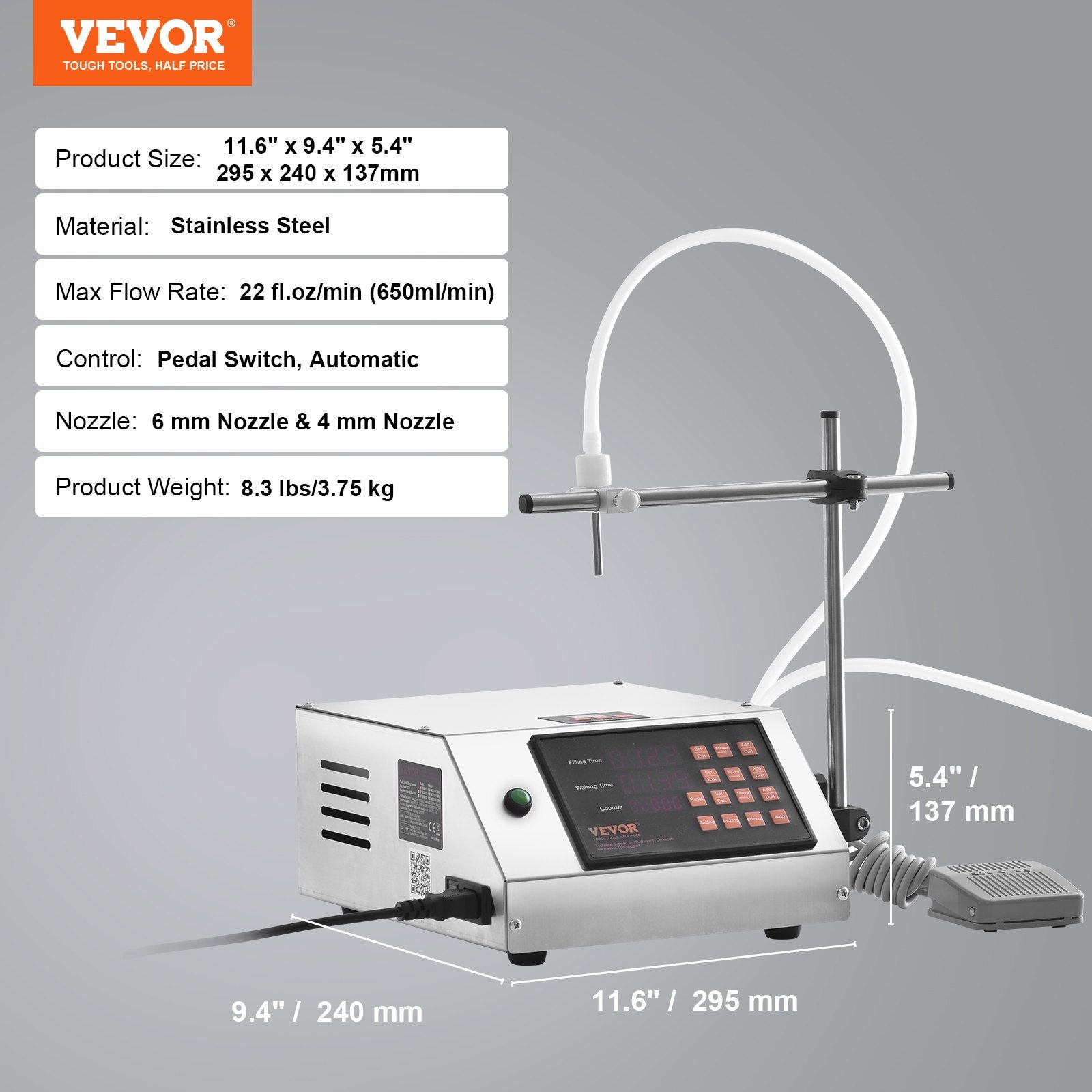 VEVOR Liquid Filling Machine, 5-650ml Filling Capacity, Automatic Bottle Filler Machine, Bottling Machine Peristaltic Pump Digital Control for Milk, Water, Wine, Beverage, Soy Sauce (Single Nozzle)