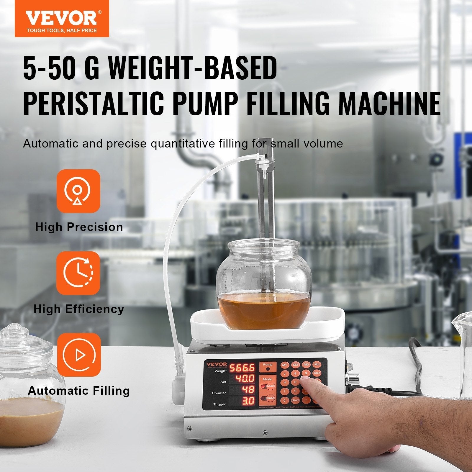 VEVOR Liquid Filling Machine, 5-50 g Weighing Capacity, Automatic Bottle Filler Machine, Bottling Machine Peristaltic Pump Digital Control for Milk, Water, Wine, Beverage, Soy Sauce (Single Nozzle)