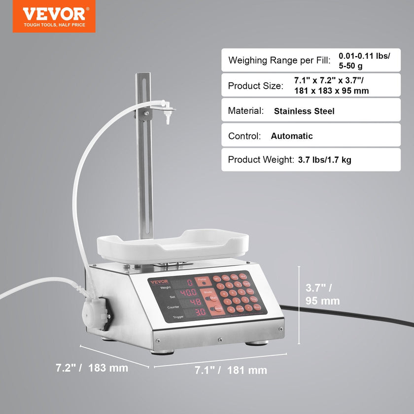 VEVOR Liquid Filling Machine, 5-50 g Weighing Capacity, Automatic Bottle Filler Machine, Bottling Machine Peristaltic Pump Digital Control for Milk, Water, Wine, Beverage, Soy Sauce (Single Nozzle)