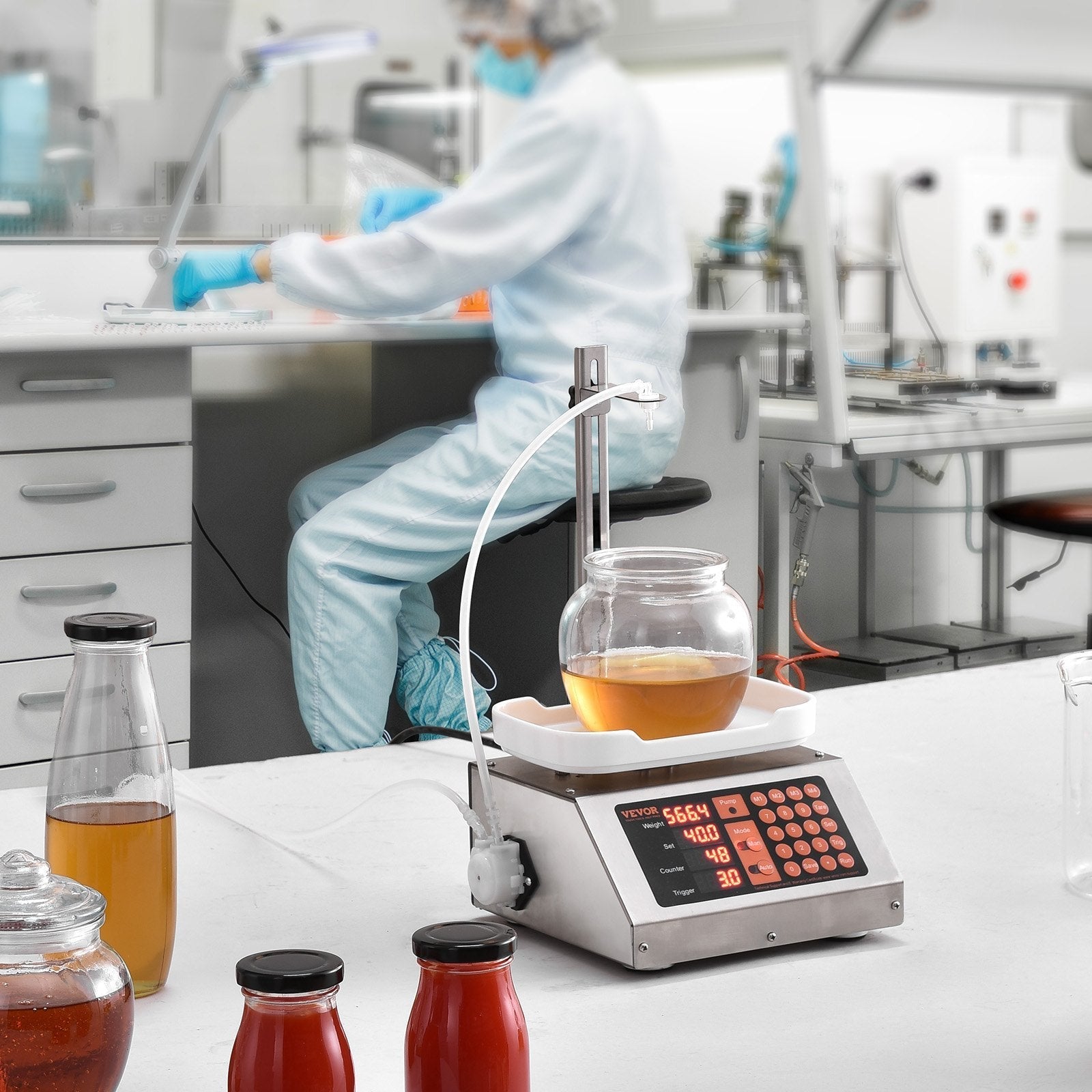 VEVOR Liquid Filling Machine, 5-50 g Weighing Capacity, Automatic Bottle Filler Machine, Bottling Machine Peristaltic Pump Digital Control for Milk, Water, Wine, Beverage, Soy Sauce (Single Nozzle)