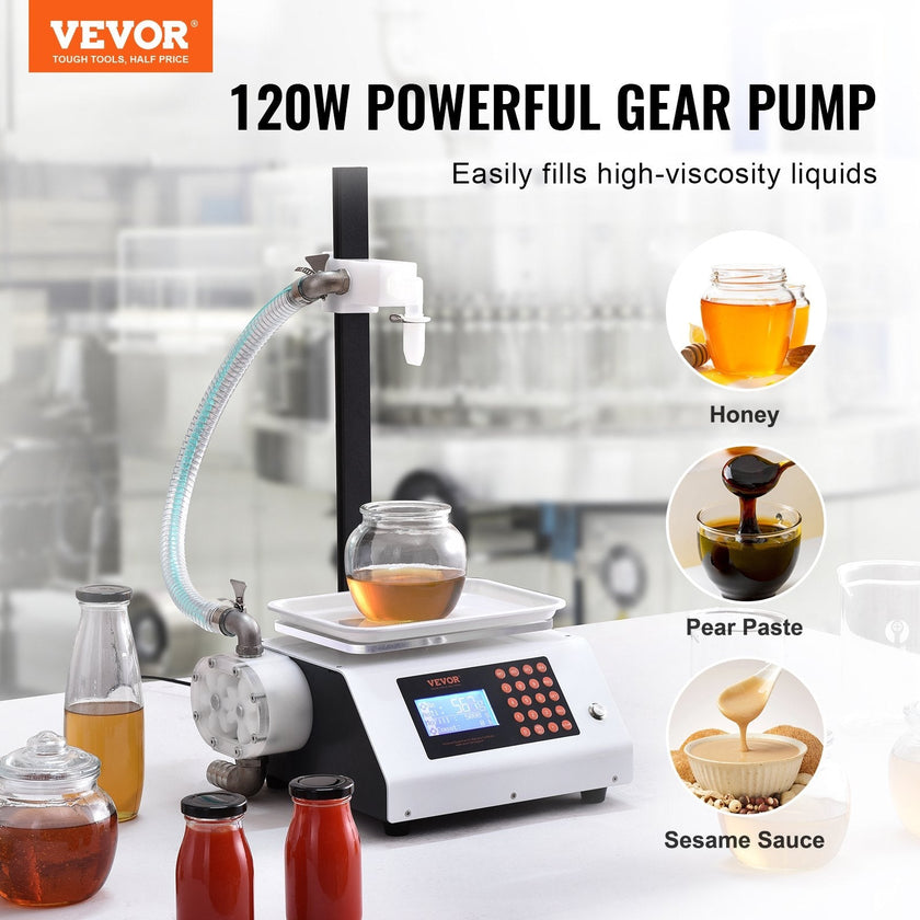 VEVOR Liquid Filling Machine, 50-5000 g Weighing Capacity, Automatic Bottle Filler Machine Bottling Machine Gear Pump Digital Control for Honey, Oil, Wine, Detergent, Viscous Liquids (Single Nozzle)