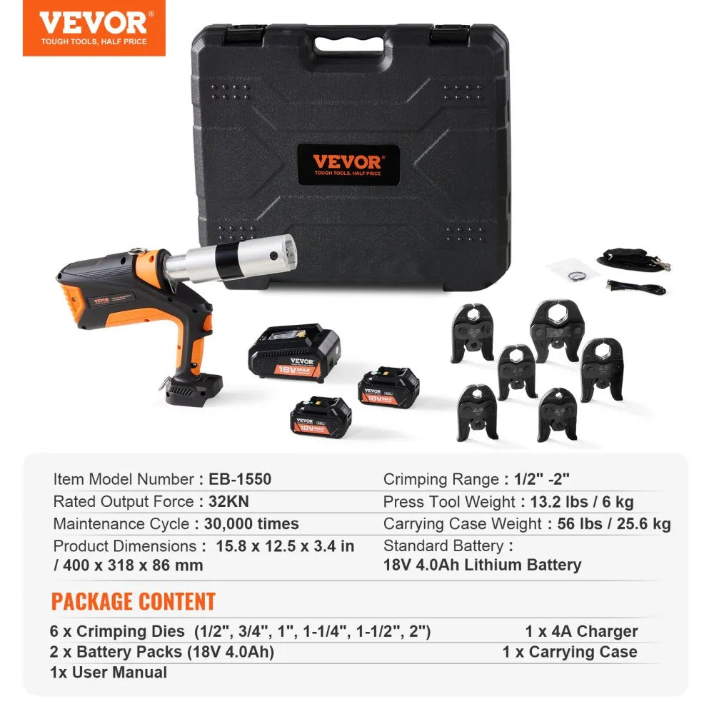 VEVOR Pro Press Tool, 18V Electric Pipe Crimping Tool for 1/2