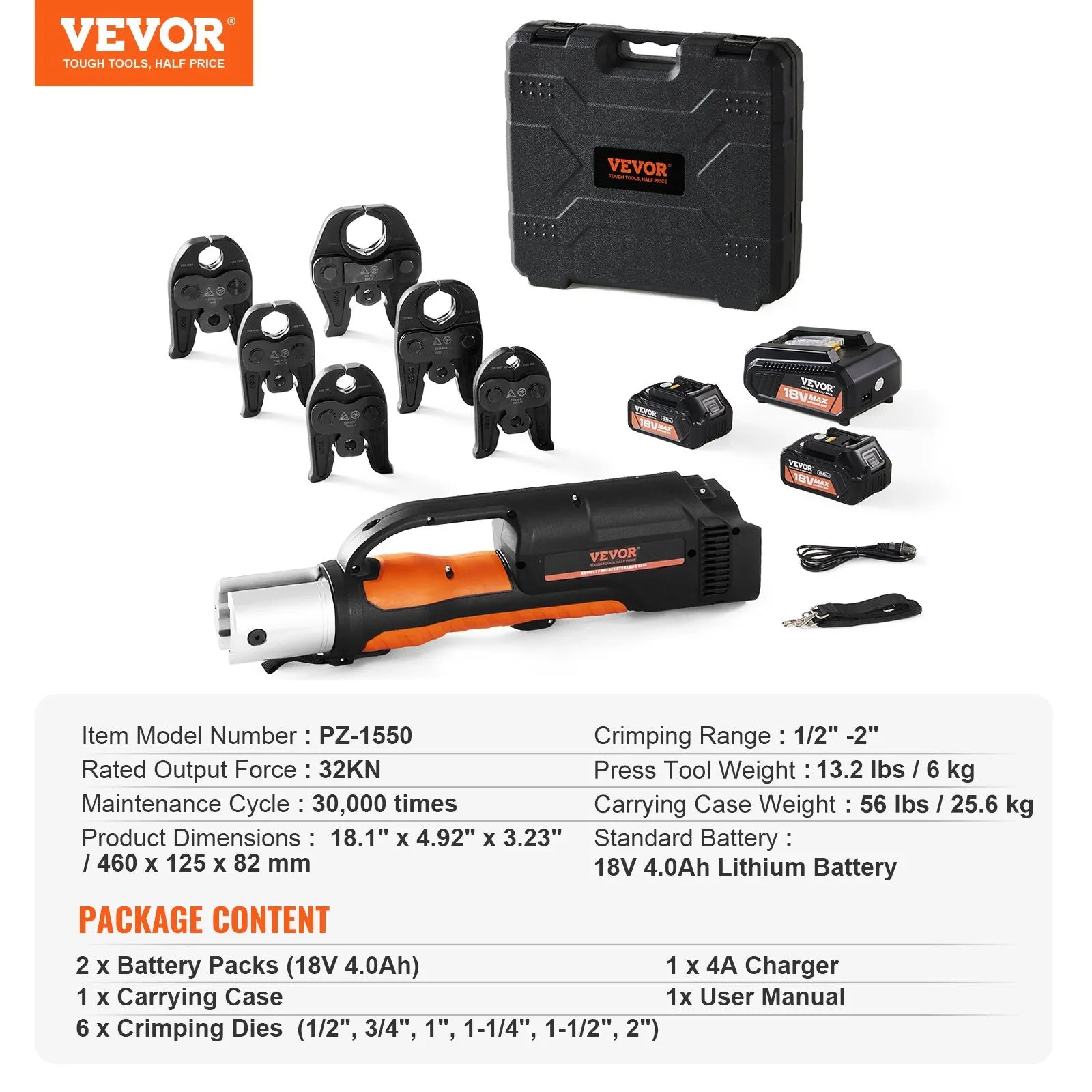 VEVOR Pro Press Tool, 18V Electric Pipe Crimping Tool for 1/2